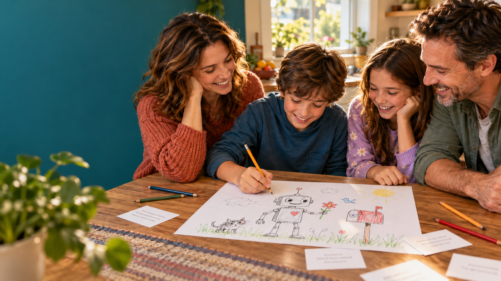 Illustrated family making a drawing together