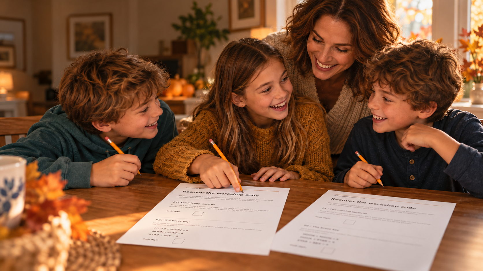 Illustrated family celebrating a shared puzzle discovery