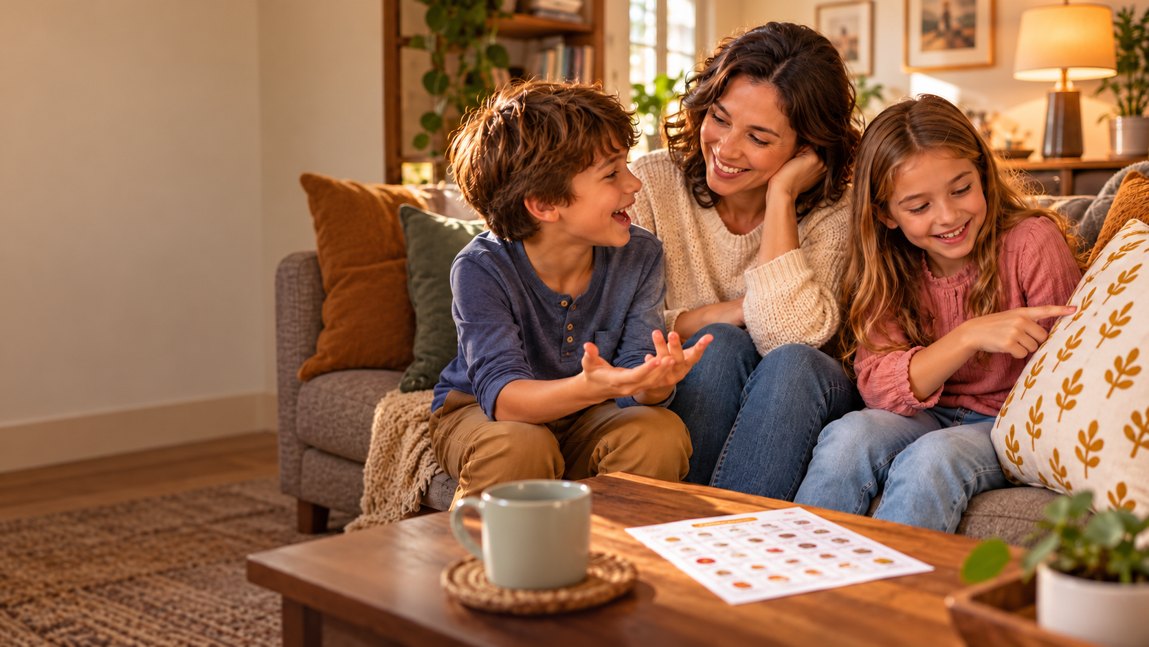 Illustrated family exploring a room together