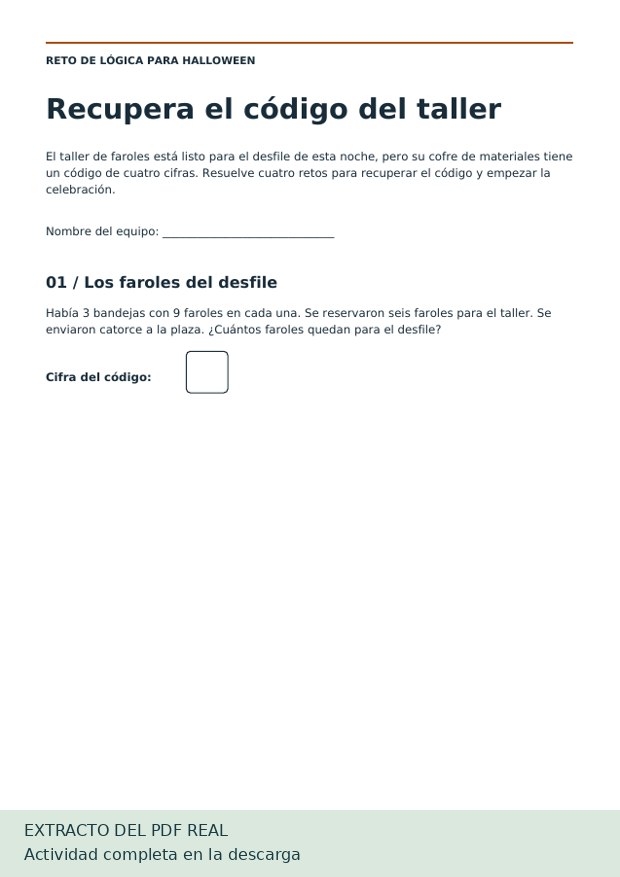 Páginas reales del PDF El taller de faroles con retos y respuestas para adultos — Extracto del reto