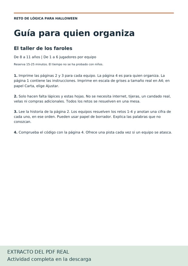 Páginas reales del PDF El taller de faroles con retos y respuestas para adultos — Guía para adultos